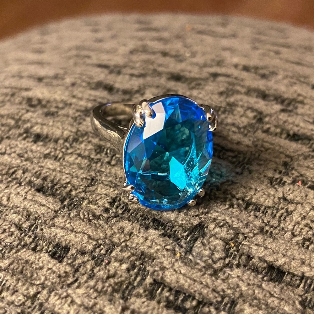 Blue Oval Synthetic Cubic Zirconia Silver Plated Cocktail Ring